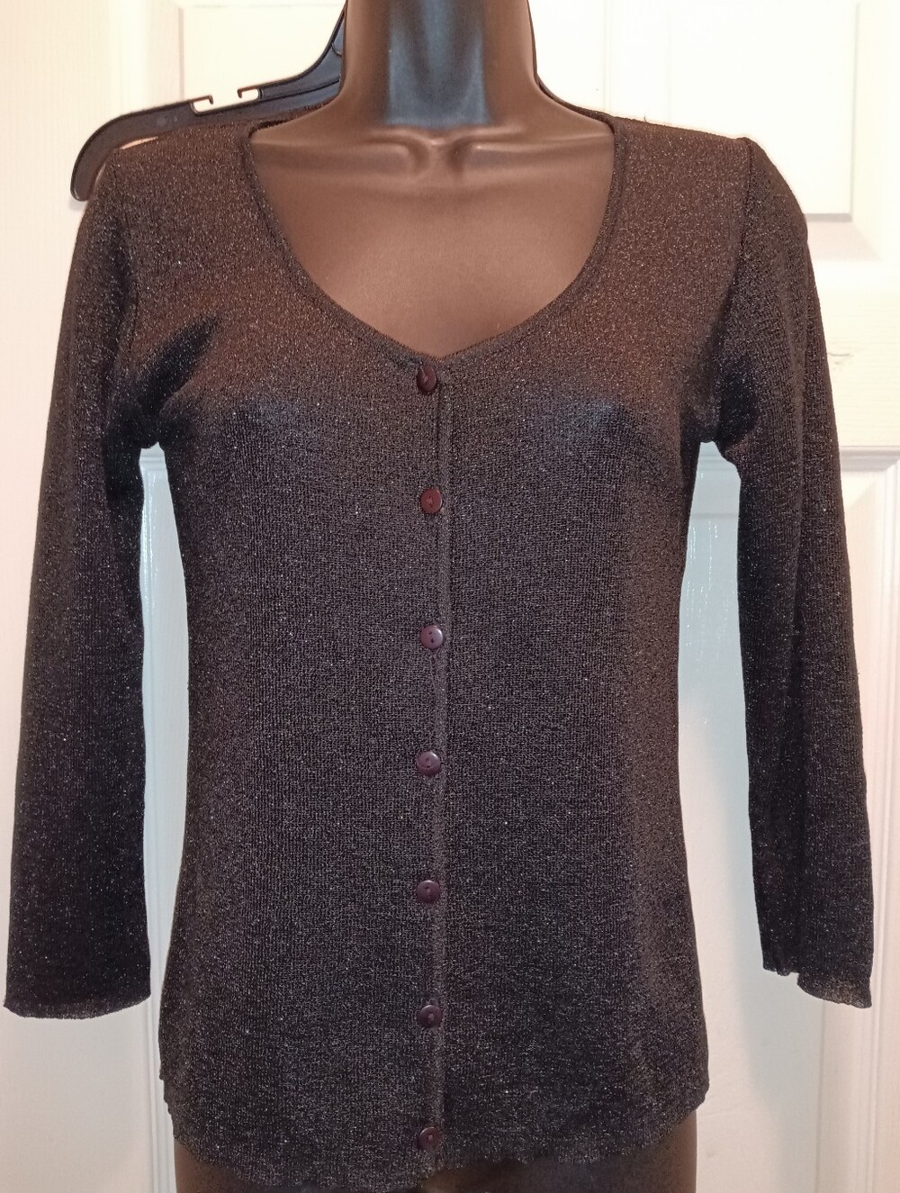Betsey Johnson Womenโs Shimmer Cardigan Button-Front Top - Black